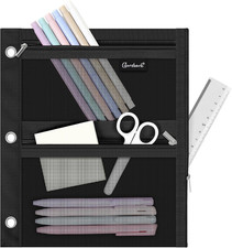 3-Ring Binder Pencil Pouch, Zipper Organizer with 3 Compartments, Mesh Window 