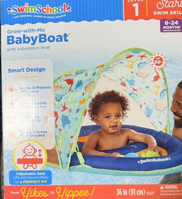 Swim Schools Grow-With-Me Baby Pool Float Boat Blue Dino + 3 Toys 6- 24 Months