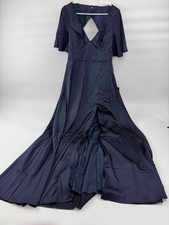 Lulus Dress Womens Large Blue Satin Flutter Sleeve V Neck Cutout Maxi Gown