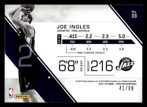 2015-16 Panini Prestige #33 Joe Ingles Bonus Shots #D 41/99! - Picture 2 of 2