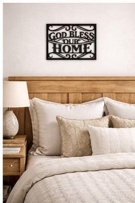Schwarzes Wandschild God Bless Our Home, Wohndeko Shabby