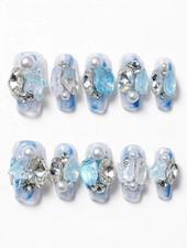 Press-On Nails 3-Pack - Ice Blue Crystal XS Pink Glitter M Mauve Gradient Bow M