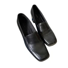 A2 by Aerosoles Black Leather Heeled Loafers Women's Size 9.5 M Square Toe