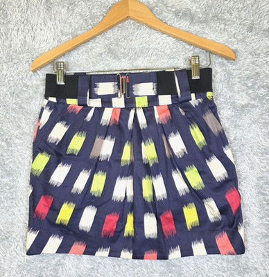 BCBGeneration Ikat Print Mini Skirt Navy Blue Cotton Belted Pockets Size 2