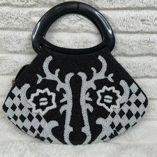 Cache Black/White Beaded Purse Zipper Shut Hard Double Handle