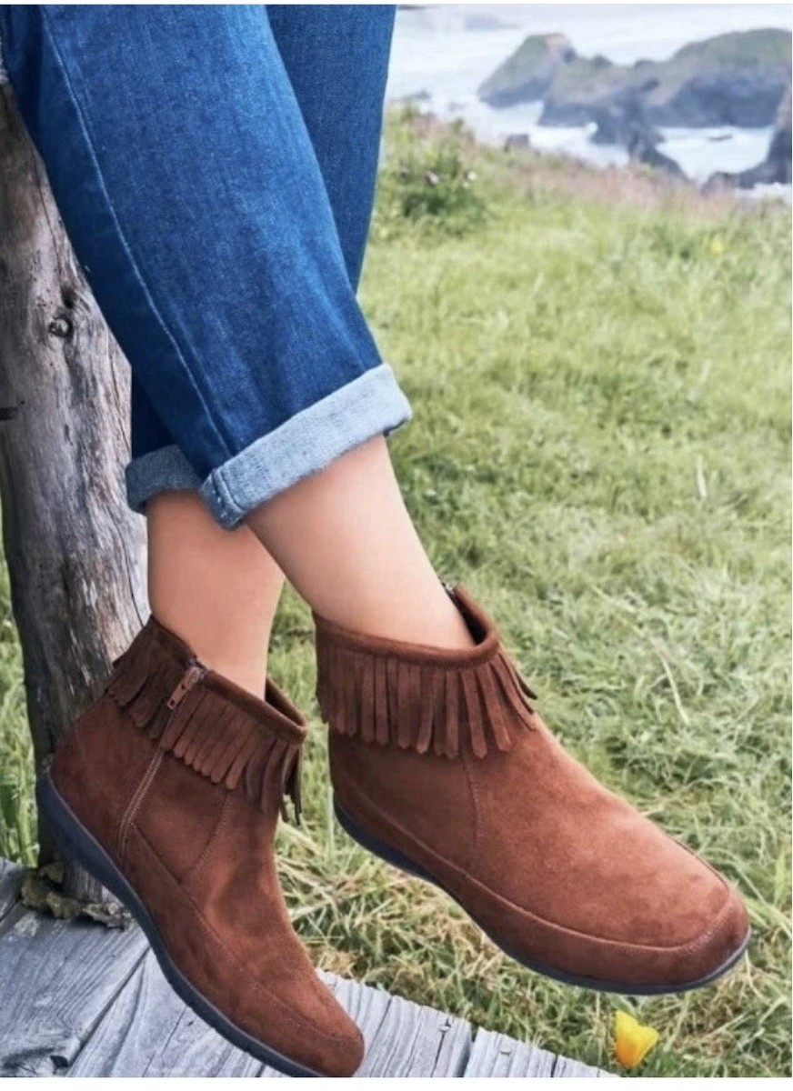 Comfortview Women's Moccasin Fringe Ankle Boot Size Brown Faux Suede  Marion