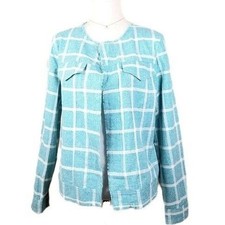 Women Aqua Blue White Jacket Blazer M Coastal Career Classic Office Chic NEW