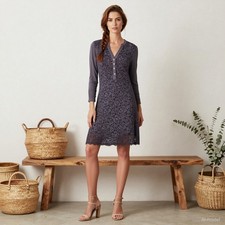 Boho Romantic Midi Dress Grey Floral Lace Cotton Blend Shift Long Sleeve S
