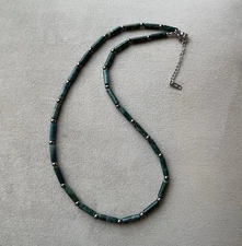 GREEN INDIAN AGATE & Hematite Tube Cylinder Beads Unisex Necklace 20” Stainless