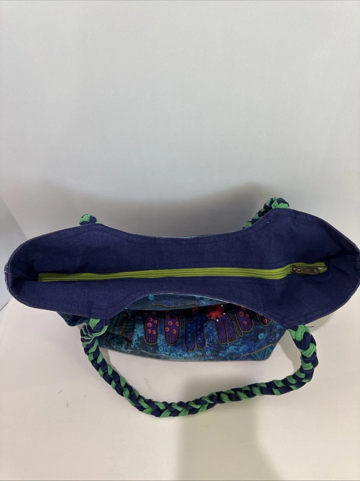 Laurel Burch Canvas Tote Purse Bag Colorful Blue Dogs Whimsical Braided Handles - Image 3 of 4