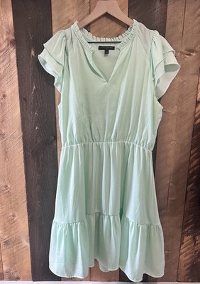 Banana Republic Womens L Mint Green Tiered Dress Flutter Sleeve V-Neck