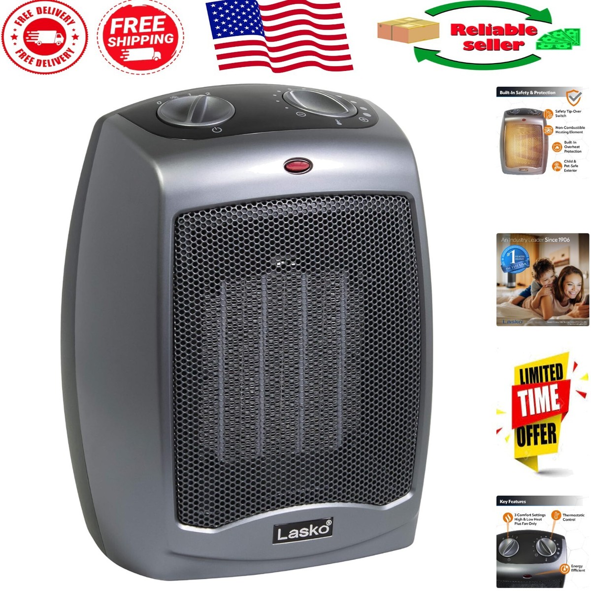 Lightweight Portable Space Heater with Thermostat and Safety