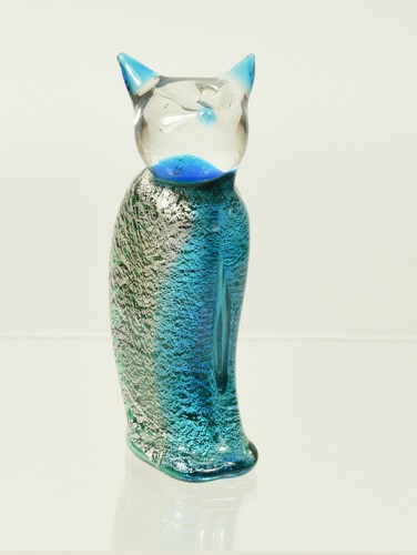 Beautiful Murano Art Glass Cat ~ Clear & Teal Blue Green & Silver Inclusions - Picture 2 of 4