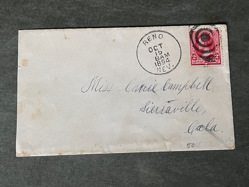 1894 RENO NEVADA + SIERRAVILLA CA + TRUCKEE CA FANCY CANCEL ! NICE COVER L@@K !! - Picture 2 of 3