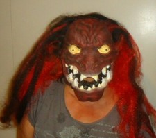 Latex Halloween Mask Red Black Long Hair Scary Monster Ghoul Adult