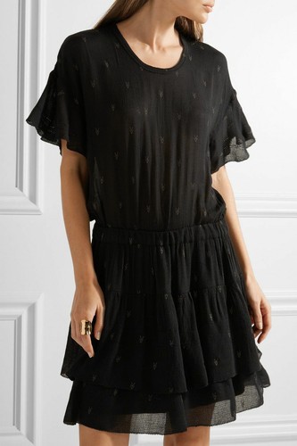 Iro Naelle Dress M Black Printed Elastic Ruffle Flared Mini Casual NEW 15281 - Picture 2 of 9