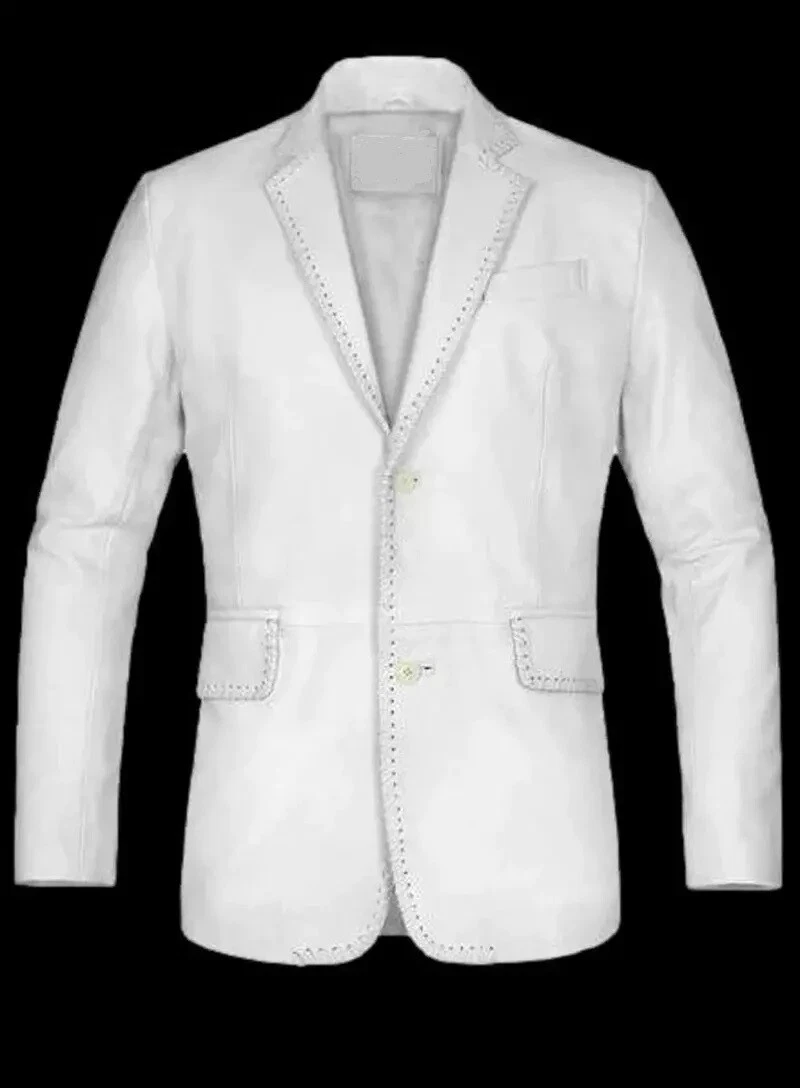 Men's Genuine white Lambskin Leather Blazer TWO BUTTON Smart Casual Coat