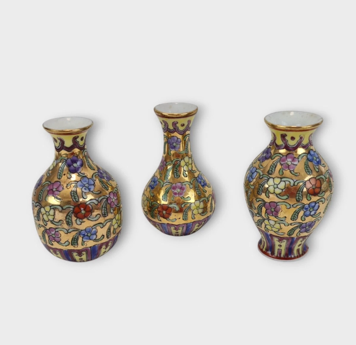 Set of 3 Miniature Hand Painted Asian Style Goldtone Porcelain Floral Vases 8cm