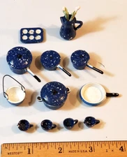 VINTAGE DOLLHOUSE METAL ENAMELWARE, cookware, tableware, 18 pieces
