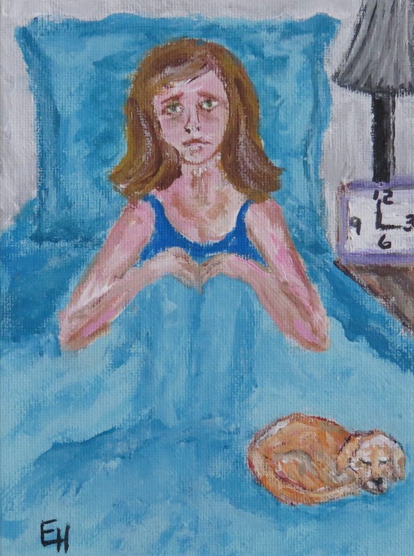 Woman Insomnia Dog 3 a.m. Blue Bedroom Impressionism Painting Original Ericajaye
