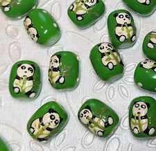 Panda Glass Beads for Bracelet making 18mm Green Panda chew Bamboo Oval 20 pcs