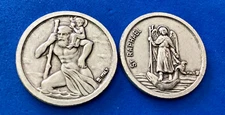 St Christopher Archangel St. Raphael Pocket Token Silver Tone Oxidized Metal 1”