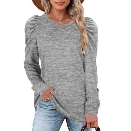 Women Crewneck Sweatshirt Fashionable Casual Loose Hem Long Puff Sleeve Blouse - Picture 9 of 33