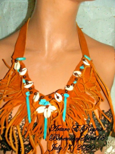 Arturo E.Reyna Leather FRINGES Turquoise Seashell HANDMADE SIGNED Bib Necklace - Picture 8 of 8