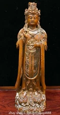 7.2" Old Chinese Buddhism Boxwood Carved Stand Kwan-yin Goddess Sculpture