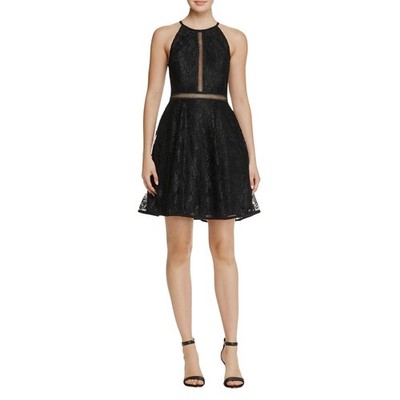 AQUA Black Cocktail Dress Lace Sleeveless Cut Out Fit and Flare Mini Size 12