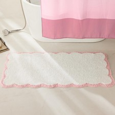Luxury White Pink Scalloped Microfiber Non Slip Bath Runner Rug 47x24 Inch