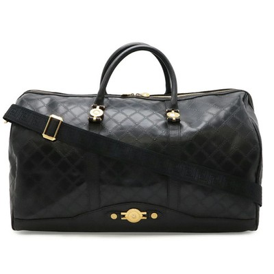 VERSACE Sun Logo Boston Bag Travel Bag Nylon Black Gold Hardware