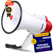 Rechargeable Megaphone Bullhorn Speaker, 1000 Yard Voice Range, White Red