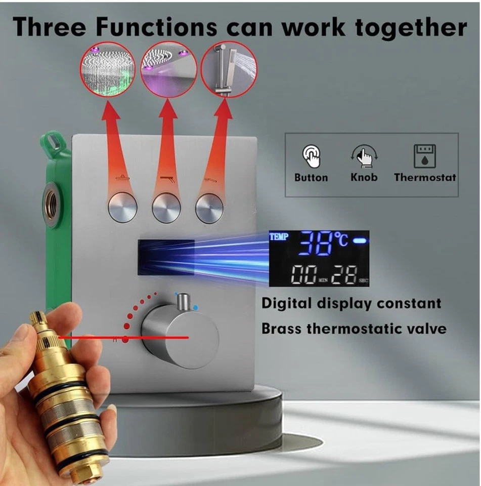 Válvula termostática de cabezal de ducha doble dorado cepillado 24,5x12,5 con pulverizador Foto 4 de 4