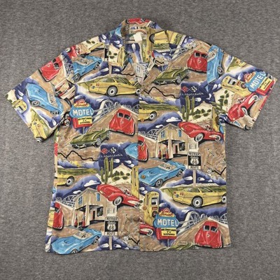 Paradise Found Shirt Mens Large Aloha Hawaiian Rayon Route 66 Cars Made USA