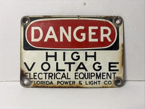 Vintage RARE Florida Power & Light Co Porcelain Sign DANGER High Voltage FPL Old