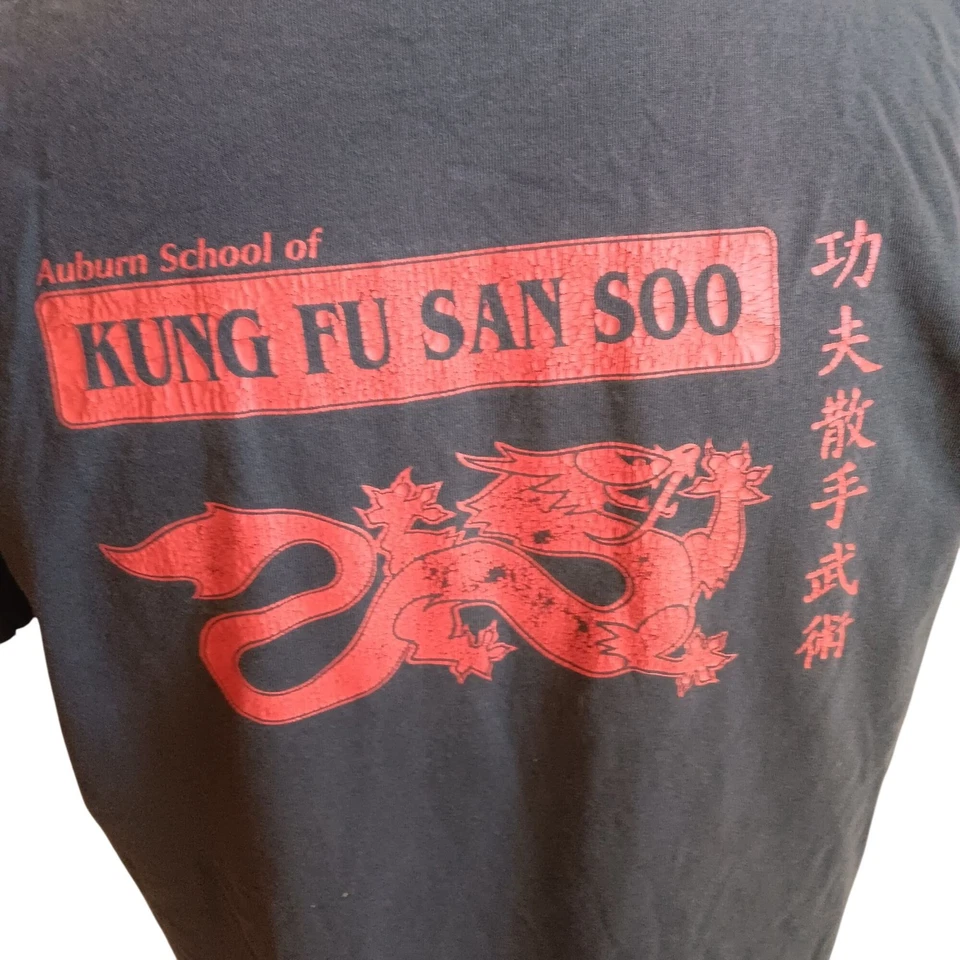 Camiseta negra grande de una sola puntada vintage Oneita Kung Fu San Soo School Dragon Foto 4 de 4