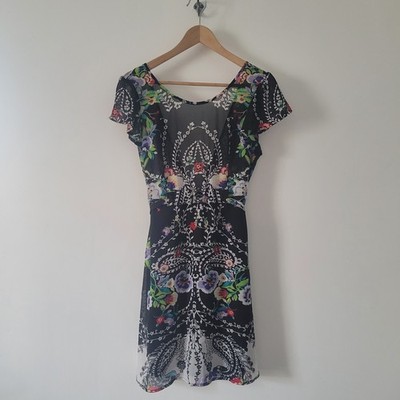 Forever 21 Black Floral Sheer Dress Womens Medium M Fit & Flare Flutter...