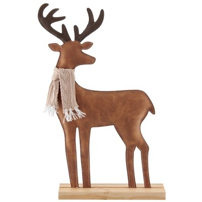 Weihnachtsdeko Hirsch aus hellbraunem Lederimitat mit Schal auf Holzbasis