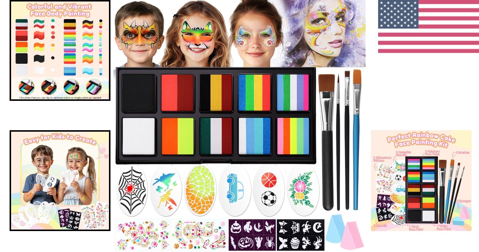 Vibrant Rainbow Face Paint Kit - Water Activated for Kids & Festivals, 12 Colors