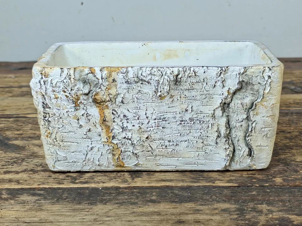 Birch Bark Texture Cement Planter – Rustic White Rectangular Pot 8.5" - Image 4 of 4
