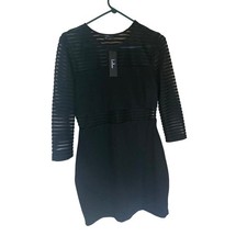 Lulus Black Mesh Striped Bodycon Dress 3/4 Sleeve Size L NWT
