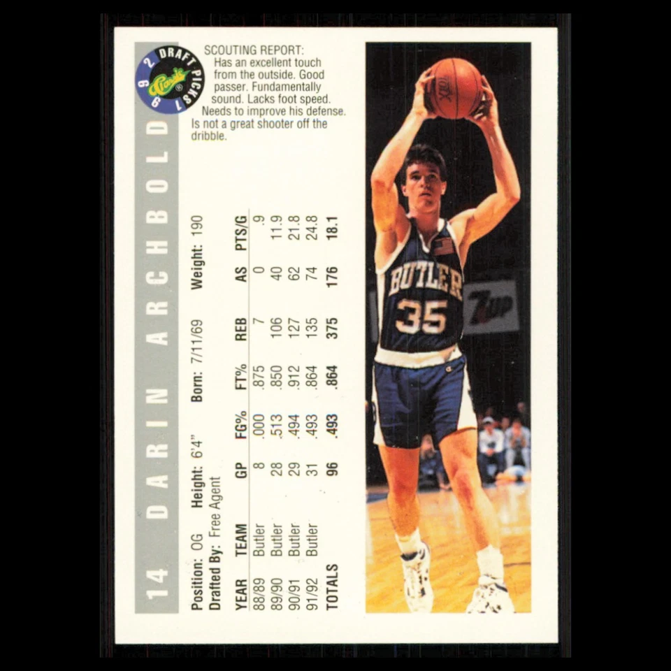 Darin Archbold #14 1992 Classic Draft Butler Bulldogs Basketball Card NBA NM - Image 2 of 3