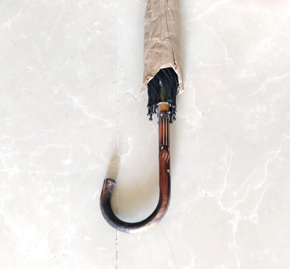 Antiguo mango de madera vestido sin usar paraguas papel empaquetado antiguo coleccionable CL265 Foto 4 de 4