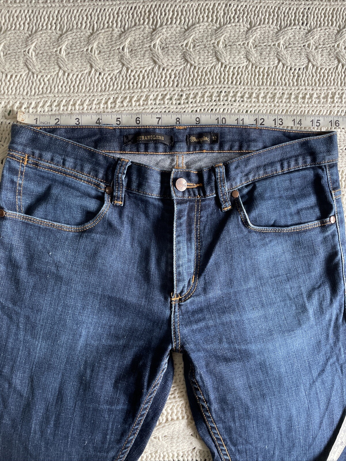 Wrangler size 32 Stranglers Regular Fir Skinny Leg Dark Blue Denim Jeans Zip Fly image 10