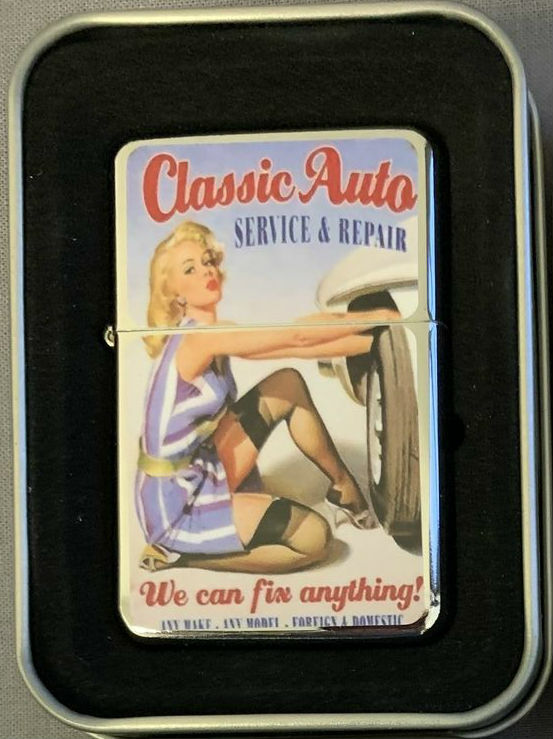 Classic Auto Service & Repair Pin Up Girl Windproof Dual Flame Torch Lighter