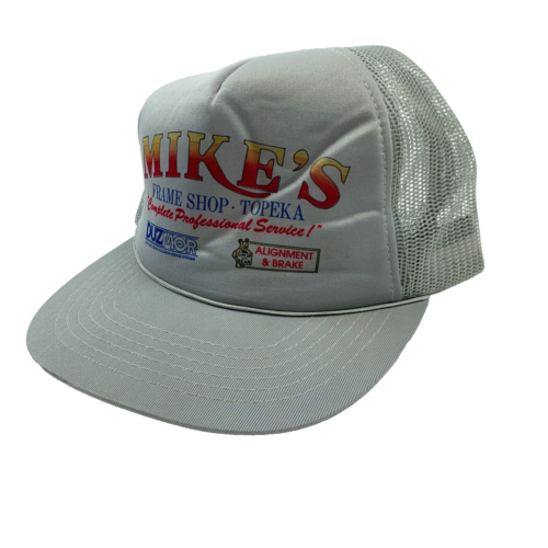 Casquette chapeau de camionneur vintage Mike's Frame Shop Duzmor Topeka KS maille grise snapback - Photo 1/10