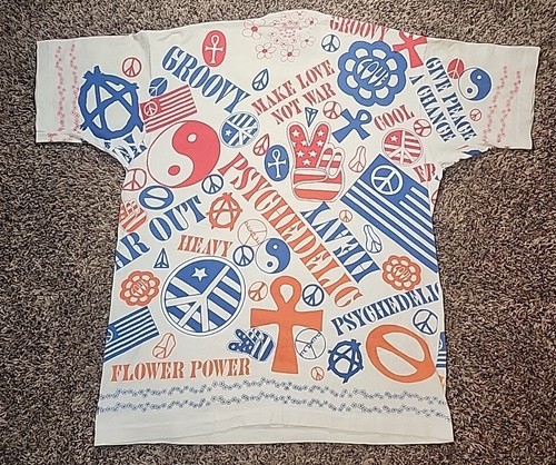 Vintage 80s Peace Love Not War Hippie Psychedelic Single Stitch AOP Shirt Sz XL - Picture 13 of 17