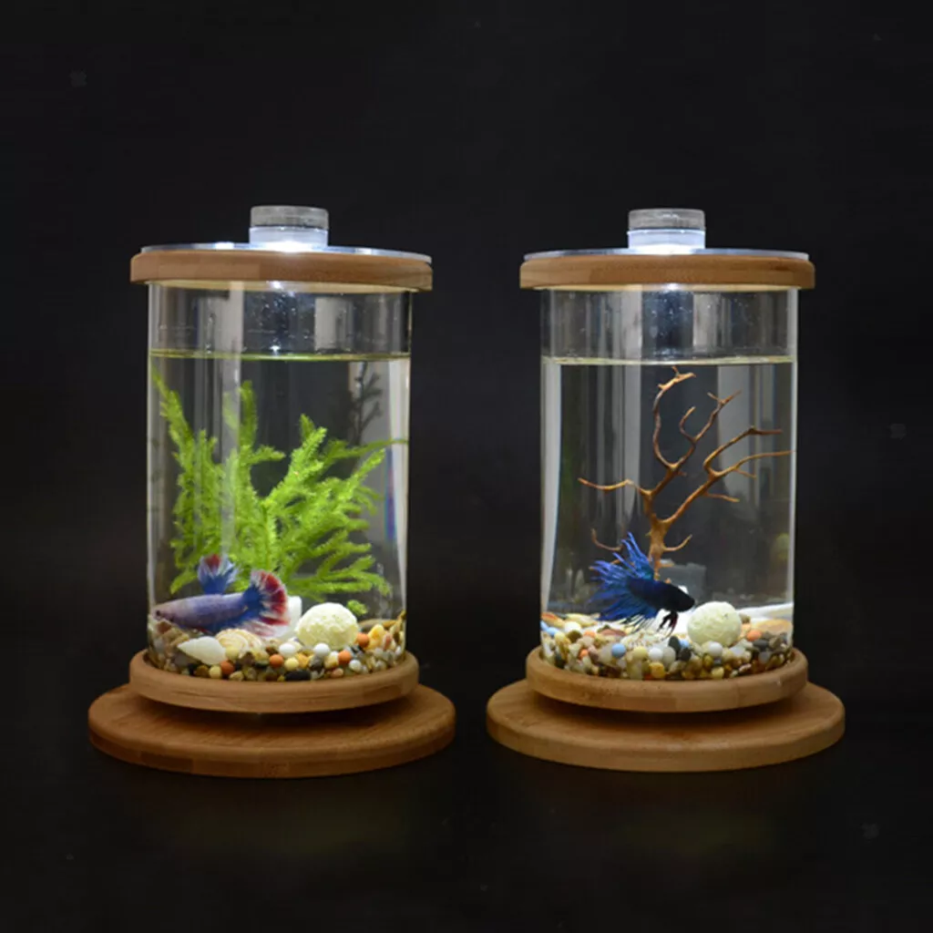 Mini Betta Fish Tank Small Cylinder Rotatable Aquarium Desktop Decor 