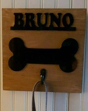 Personalized Wooden Dog Bone Leash Hangers Custom Holder Pet Hook Name Sign